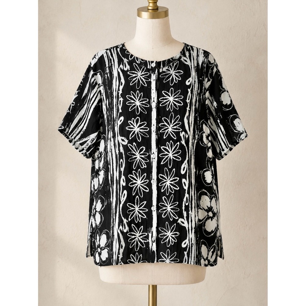 HILO HATTIE Tropical Button Up Blouse Boxy Top 1X Hawaiian Resort Vacation Luau